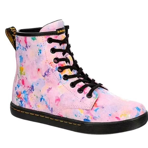 Dr. Martens Shoes - Dr. Martens Pink Multi-Color Paint-Splatter Combat Boots